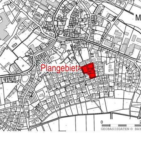 Schwarz-weiße Stadtkarte von Monheim mit rot markiertem Plangebiet und Maßstab 1:10.000.