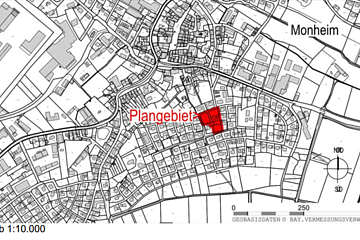 Schwarz-weiße Stadtkarte von Monheim mit rot markiertem Plangebiet und Maßstab 1:10.000.