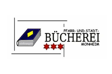 Logo mit einem blauen Buch und drei roten Sternen rechts davon eingerahmt in ein offenes Rechteck. Rechts davon der Text „Pfarr- und Stadtbücherei Monheim“.