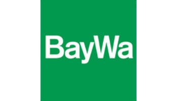 Grünes Logo mit weißem Text "BayWa" mittig darauf.