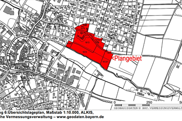 Schwarz-weiße Übersichtskarte von Monheim im Bereich an der Gailach mit rotem markiertem Plangebiet in einem bebauten und landwirtschaftlichen Gebiet. Kartenquelle: Bayerische Vermessungsverwaltung, Maßstab 1:10.000