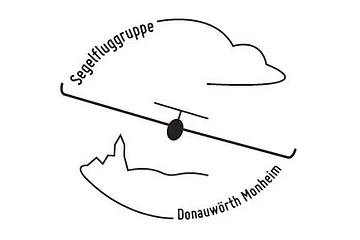 Logo der Segelfluggruppe Donauwörth-Monheim e.V. mit einem schwarzen Segelflugzeug in der Mitte und einer stilisierten Wolke darüber. Links von der Wolke anschließend an diese der Schriftzug „Segelfluggruppe". Unter dem Segelflugzeug links die Umrisse einer Stadt stilisiert mit anschließendem Schriftzug rechts davon "Donauwörth Monheim“ in Bogenform.
