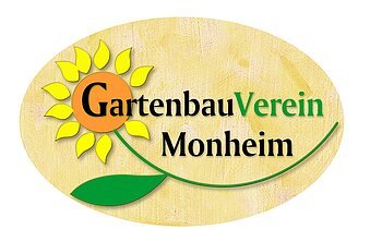 Logo des Vereins für Gartenbau und Landschaftspflege e.V. Monheim mit gelber Sonnenblume und dem Text „Gartenbau Verein Monheim“ darin auf ovalem beigem Hintergrund.