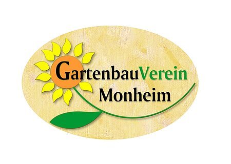 Logo des Vereins für Gartenbau und Landschaftspflege e.V. Monheim mit gelber Sonnenblume und dem Text „Gartenbau Verein Monheim“ darin auf ovalem beigem Hintergrund.
