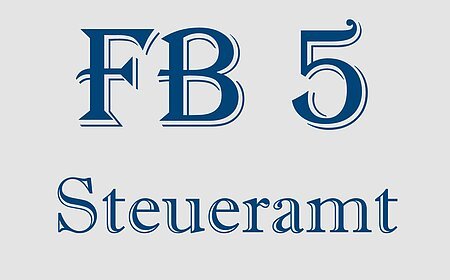 Logo des Fachbereichs 5 der Verwaltungsgemeinschaft Monheim. Text "FB 5 Steueramt" in blauer Schrift auf grauem Hintergrund.