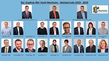 Viele Porträtfotos der Stadtratsmitglieder von Monheim für die Wahlperiode 2020-2026 mit Namen und Parteizugehörigkeit auf blauem Hintergrund. Oben rechts im Eck das Logo der Stadt Monheim.