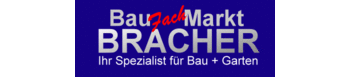 Logo mit blauem Hintergrund und grauer Schrift „Bau Fach Markt BRACHER", darunter "Ihr Spezialist für Bau + Garten“ Das Wort Fach in roter kursiver Schrift.