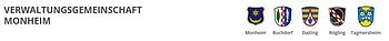 Logo der Verwaltungsgemeinschaft Monheim mit den dazugehörigen Gemeinschaften Monheim, Buchdorf, Daiting, Rögling und Tagmersheim.