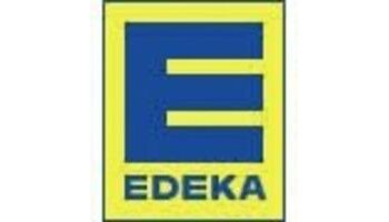 Logo von EDEKA mit blauem Buchstaben E auf gelbem Hintergrund und dem Schriftzug EDEKA darunter.
