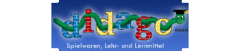 Logo eines Geschäfts in Monheim mit dem buntem Schriftzug „didago GmbH“ und dem Text „Spielwaren, Lehr- und Lernmittel“ in weiß auf blauem Hintergrund. Durch den Schriftzug krabbelt eine grüne Raupe mit schwarzem Hut.