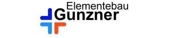 Logo mit dem Schriftzug „Elementebau Gunzner“ und einem farbigen Kreuz aus blauen und roten Linien