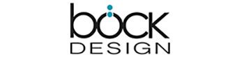 Logo auf weißem Hintergrund mit dem Schriftzug „böck DESIGN“ in schwarzer Schrift und zwei blauen Punkten über dem „ö“