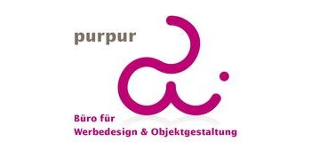 Logo mit grauem Schriftzug „purpur", daneben rechts groß stilisiert ein purpurrotes Symbol. Darunter der Schriftzug purpurrot "Büro für Werbedesign & Objektgestaltung".
