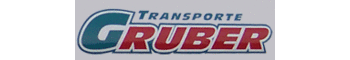Logo mit dem Schriftzug „Transporte Gruber“ in Blau und Rot auf grauem Hintergrund. Dabei ist das G in blau und der Rest des Buchstabens in roter Schrift. Das Wort Transporte ist in blauer Schrift.