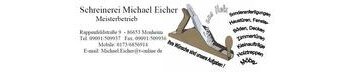 Logo der Schreinerei Michael Eicher in Monheim mit Kontaktinformationen und einer Werkzeuggrafik einer Holzhobel rechts im Bild.