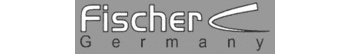 Logo mit dem Schriftzug „Fischer Germany“ auf grauem Hintergrund. Dabei das Wort Fischer in weißer Schrift und Germany in schwarzer Schrift. Rechts eine geschwungene Linie in weiß.