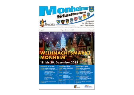 Titelblatt der Monheimer Stadtzeitung vom 28. November 2025 mit der dazugehörigen Überschrift in blau/schwarz, Wappen der Stadt Monheim und der dazugehörigen Stadtteile und mit dem Logo der Stadt Monheim. Auf der Titelseite die Ankündigung des Weihnachtsmarkts vom 18. bis 20. Dezember 2025 mit Angaben zum Rahmenprogramm. Auf dem Foto Abendaufnahme des belebten Monheimer Weihnachtsmarktes in der Altstadt von Monheim: mit Fachwerkhäusern, Menschenmengen, Lichtern, Verkaufsständen und einer Bühne.