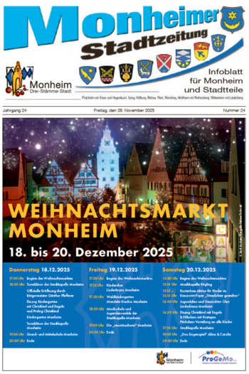 Titelblatt der Monheimer Stadtzeitung vom 28. November 2025 mit der dazugehörigen Überschrift in blau/schwarz, Wappen der Stadt Monheim und der dazugehörigen Stadtteile und mit dem Logo der Stadt Monheim. Auf der Titelseite die Ankündigung des Weihnachtsmarkts vom 18. bis 20. Dezember 2025 mit Angaben zum Rahmenprogramm. Auf dem Foto Abendaufnahme des belebten Monheimer Weihnachtsmarktes in der Altstadt von Monheim: mit Fachwerkhäusern, Menschenmengen, Lichtern, Verkaufsständen und einer Bühne.