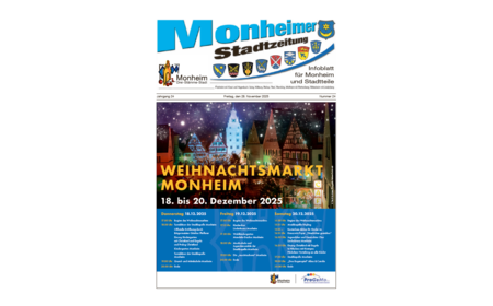 Titelblatt der Monheimer Stadtzeitung vom 28. November 2025 mit der dazugehörigen Überschrift in blau/schwarz, Wappen der Stadt Monheim und der dazugehörigen Stadtteile und mit dem Logo der Stadt Monheim. Auf der Titelseite die Ankündigung des Weihnachtsmarkts vom 18. bis 20. Dezember 2025 mit Angaben zum Rahmenprogramm. Auf dem Foto Abendaufnahme des belebten Monheimer Weihnachtsmarktes in der Altstadt von Monheim: mit Fachwerkhäusern, Menschenmengen, Lichtern, Verkaufsständen und einer Bühne.