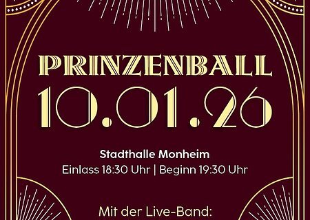 FG Gailachia Prinzenball 10.01.2026 Plakat für Prinzenball der FG Gailachia am 10.01.2026 in Stadthalle Monheim mit Live-Band Sound Express, Einlass 18:30 Uhr, Beginn 19:30 Uhr.