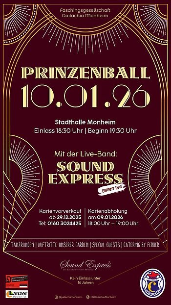 Plakat für Prinzenball der FG Gailachia am 10.01.2026 in Stadthalle Monheim mit Live-Band Sound Express, Einlass 18:30 Uhr, Beginn 19:30 Uhr.