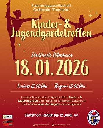 Plakat der FG Gailachia Monheim für Kinder- und Jugendgardetreffen am 18.01.2026 in Monheim mit Einlass 12 Uhr und Beginn 13 Uhr.