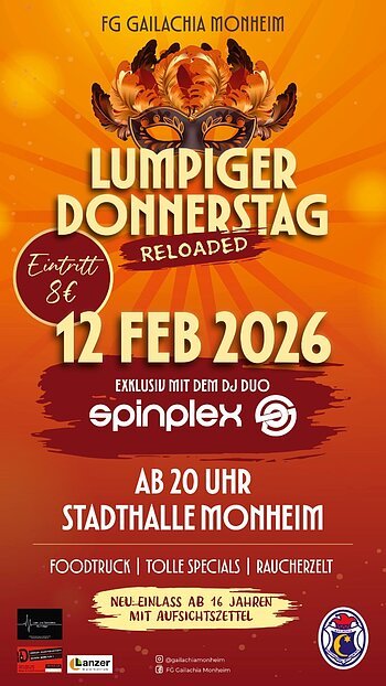 Veranstaltungsplakat der Faschingsgesellschaft Monheim für Lumpiger Donnerstag Reloaded am 12. Februar 2026 ab 20 Uhr in der Stadthalle Monheim.