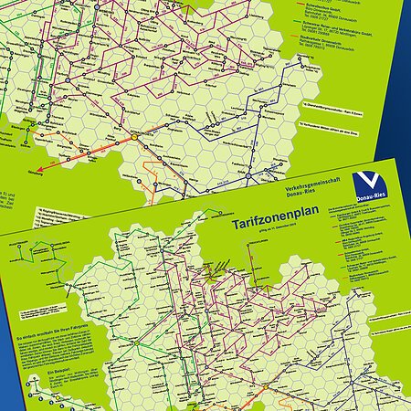 Übersicht vom Tarifzonenplan der Verkehrsgemeinschaft Donau-Ries mit Liniennetz und Zonenübersicht.