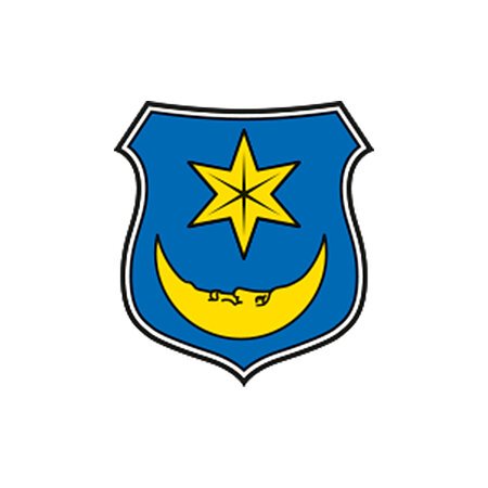 Blaues Wappenschild mit gelber Umrandung und einem gelbem sechsstrahligem Stern über gelbem Mondsichelgesicht.