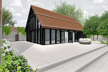 Modernes Haus mit schwarzer Glasfassade, großen Fenstern, rotem Dach und Terrasse mit Stufen und Gartenmöbeln. Umgeben von Bäumen und Pflanzen bei bewölktem Himmel.