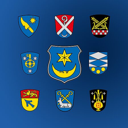 Übersicht mit allen dazugehörenden Stadtteilen der Stadt Monheim mit den jeweils dazugehörigen Wappen. Neun bunte Wappen mit verschiedenen Symbolen wie Stern, Sichel, Schlüssel, Löwe, Gersten und Tieren auf blauem Hintergrund.