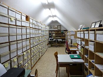 Archivraum mit Regalen voller beschrifteter Kartons und vier Tischen mit vier Stühlen unter einer schrägen weißen Decke mit Lichtröhren.