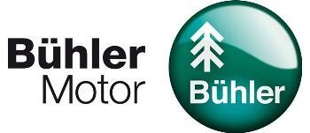 Logo der Firma "Bühler" mit dem Schriftzug „Bühler Motor“ in schwarz auf weißem Hintergrund und rechts daneben einem grünen Kreis mit weißem Baum und dem Wort „Bühler“ in weiß.
