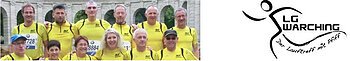 Logo des Vereins LG Warching: links ein Gruppenfoto von elf Personen in gelben Laufshirts vor einem historischen Bogenbauwerk, daneben das eigentliche Logo von LG Warching mit einer stilisierten Silhoutte einer Person in schwarz mit dem Schriftzug "LG Warching".