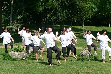 Gruppe von elf Personen in weißen T-Shirts und schwarzen Hosen macht Tai-Chi-Übungen auf einer Wiese im Park.