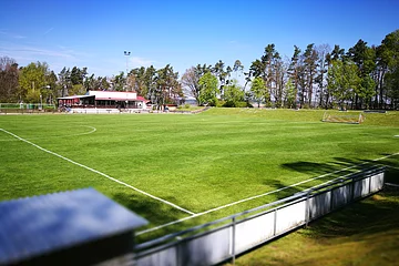 Eingezäuntes Fußballfeld mit gepflegtem grünem Rasen, umgeben von Bäumen und einem Gebäude im Hintergrund, bei klarem Himmel. Rechts auf dem Fußballfeld ein Fußballtor.