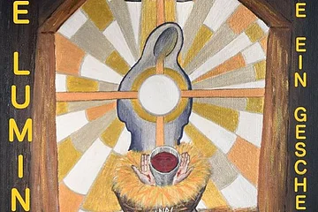 Gemälde auf dem Cover einer CD mit einer Monstranz an einer Krippe, in der Krippe mit Stroh steht ein Eimer mit roter Flüssigkeit, der von blutigen Händen gehalten wird, umgeben von Strahlen. Auf der linken Seite der Text „De Lumina“ und rechts der Text „Wie ein Geschenk“.