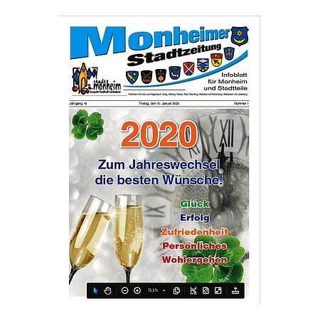 Titelblatt der Monheimer Stadtzeitung vom 10. Januar 2020 mit der dazugehörigen Überschrift in blau/schwarz, Wappen der Stadt Monheim und der dazugehörigen Stadtteile und mit dem Logo der Stadt Monheim. Auf der Titelseite Neujahrswünsche für das Jahr 2020 und zwei Sektgläser mit Sekt mit einer Uhr mit römischen Zahlen.
