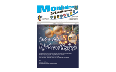 Titelblatt der Monheimer Stadtzeitung vom 12. Dezember 2025 mit der dazugehörigen Überschrift in blau/schwarz, Wappen der Stadt Monheim und der dazugehörigen Stadtteile und mit dem Logo der Stadt Monheim. Drei goldene Christbaumkugeln an Tannenzweigen und ein Weihnachtsgruß vom Bürgermeister