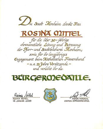 Urkunde der Stadt Monheim für Rosina Mittel zur Verleihung der Bürgermedaille, datiert am 16. Januar 2008.