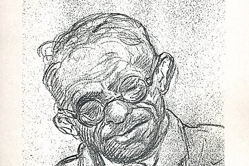 Schwarz-weiße Zeichnung eines älteren Mannes mit Brille, Anzug und Krawatte, leicht geneigtem Kopf.