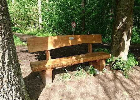 Braune Holzbank zwischen zwei Bäumen auf Waldweg, mit Verbotsschild im Hintergrund.