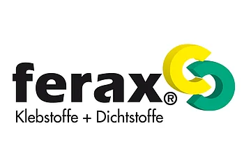 Logo mit dem Schriftzug „ferax Klebstoffe + Dichtstoffe“ und zwei ineinandergreifenden Halbkreisen in Gelb und Grün.