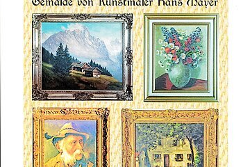 Sechs gerahmte Gemälde von Hans Mayer, darunter Landschaft, Blumen, Porträt und Hausansicht. Unter den Gemälden der Text: "genehmigte Repro: Dr. Dieter Reng".
