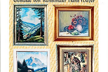 Sechs gerahmte Gemälde von Kunstmaler Hans Mayer, darunter Landschaften, Stillleben, Porträt und Alltagsszenen. Unter den Gemälden der Text: "genehmigte Repros Dr. Dieter Reng"