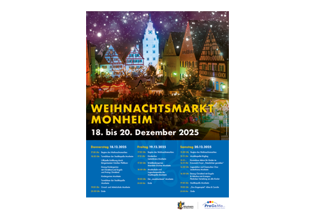 Plakat zum Weihnachtsmarkt in Monheim, auf dem Foto oben festlich beleuchtete Fachwerkhäuser, unter dem Foto Angabe zum Veranstaltungszeitraum vom 18. bis 20. Dezember 2025 und eine Auflistung einzelner Programmpunkte in weißer Schrift auf blauem Hintergrund.