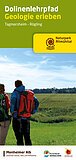 Titelseite des Flyers "Dolinenlehrpfad - Geologie erleben" zum Rundwanderweg in der Monheimer Alb. Der Titel in weißer und gelber Schrift auf geschrieben auf einem grünen Hintergrund. Darunter der Text "Tagmersheim-Rägling" und rechts davon das Logo des Naturparks Altmühltal. Auf dem Foto: links zwei Wanderer mit Rucksäcken von hinten, blicken auf eine grüne Landschaft mit Wiesen und Wald, unter blauem Himmel.
