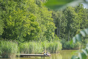 Zwei Personen sitzen auf einem Steg am See, umgeben von Bäumen und Schilf, im Vordergrund unscharfe Blätter.