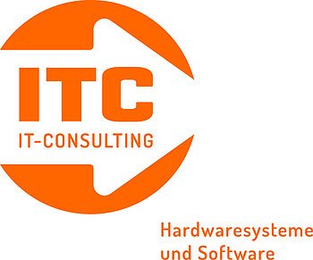 Logo mit weißem Pfeil auf orangefarbenem Kreis und orangefarbenem Schriftzug in Großbuchstaben darin "ITC IT-CONSULTING". Darunter rechts unten im Eck der Schriftzug in orange "Hardwaresysteme und Software" auf weißem Hintergrund.