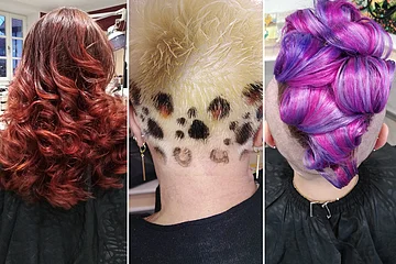 Drei Rückansichten von Frisuren, links rot gelockt, Mitte blond mit Tiermuster rasiert, rechts pink und lila gefärbt und hochgesteckt.